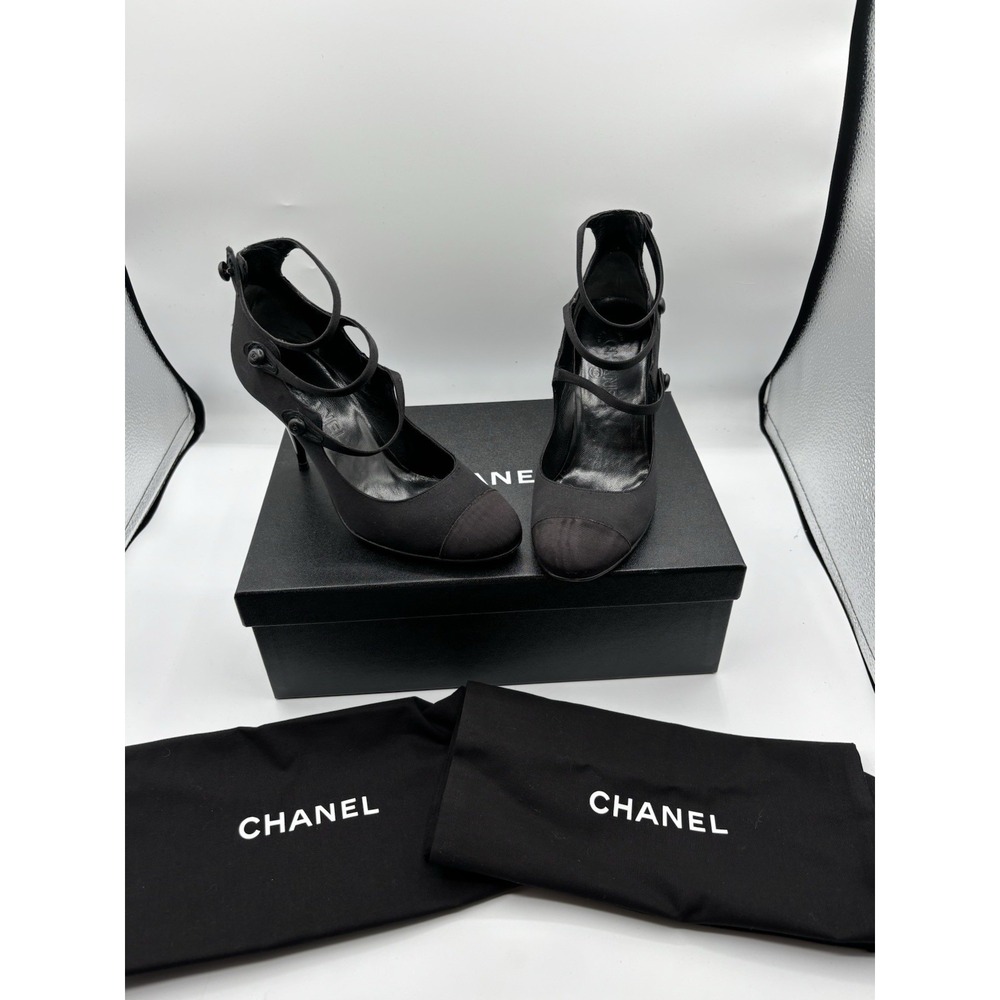 Chanel Authentic Mary Jane Black Satin Pumps W/ Box & Dustbag EUC Old Money 36.5